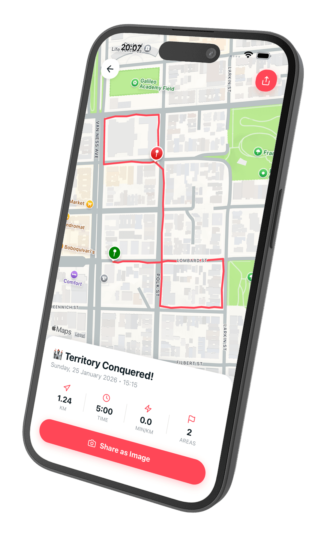 Motera app tracking a running session with distance and pace